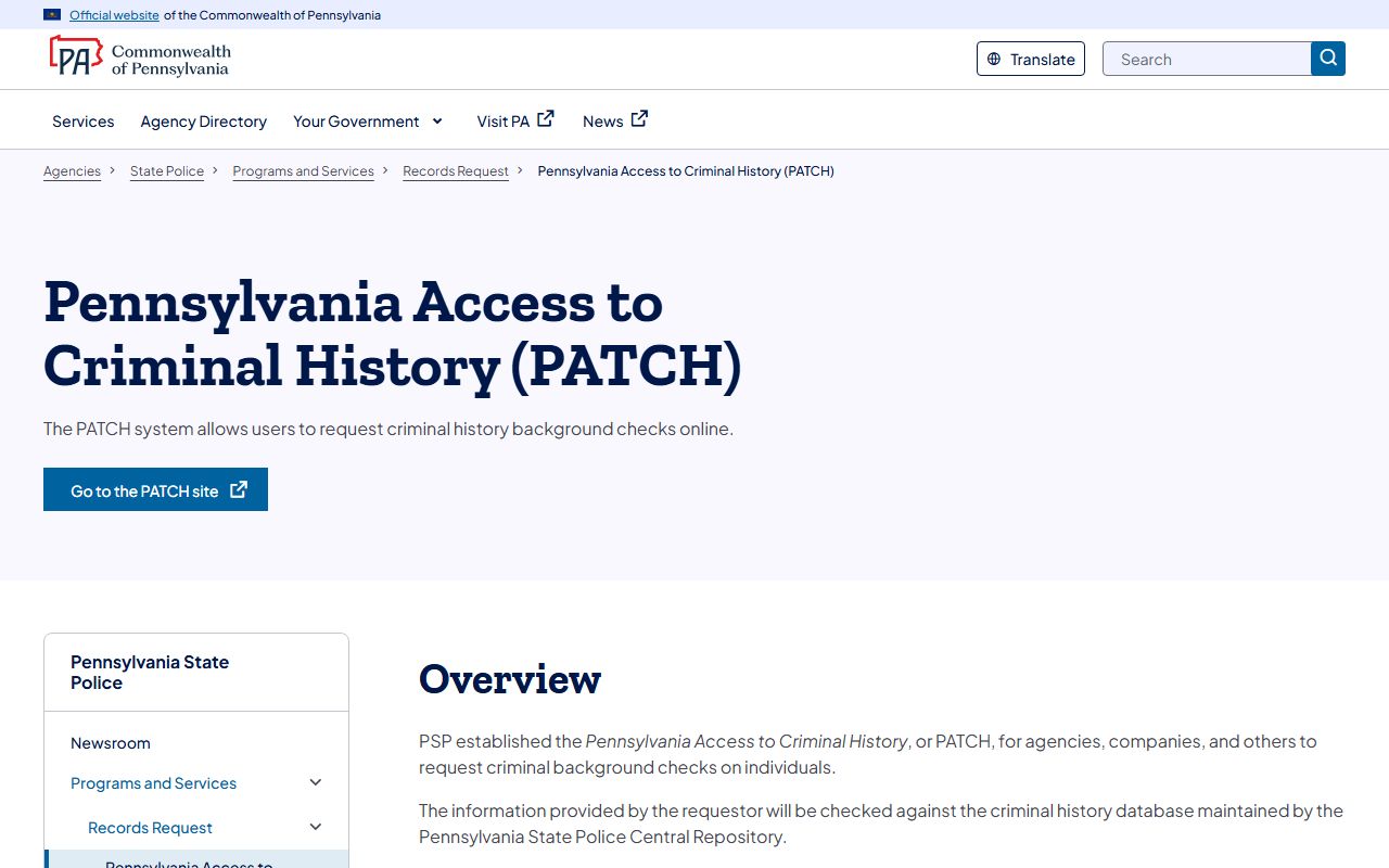 Pennsylvania PATCH system for recent arrest record checks