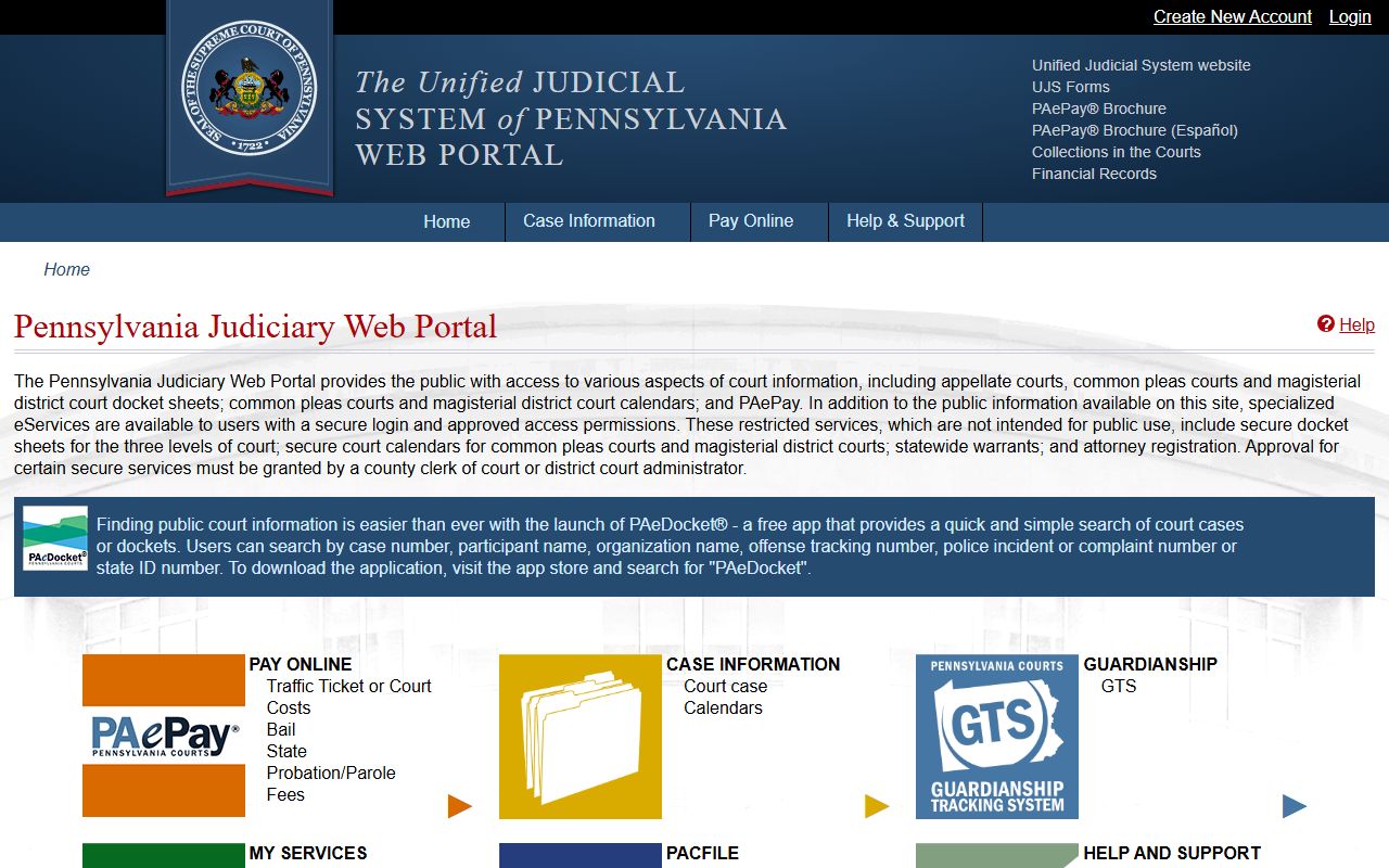 Pennsylvania Unified Judicial System portal for recent arrest court dockets